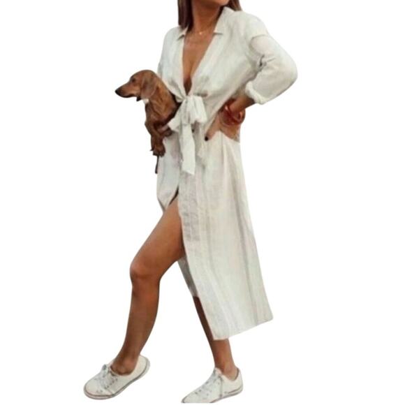 NWT Zara V Neck High Waisted Dress Striped Bow Cream Black Size Med Lightweight - Picture 2 of 11